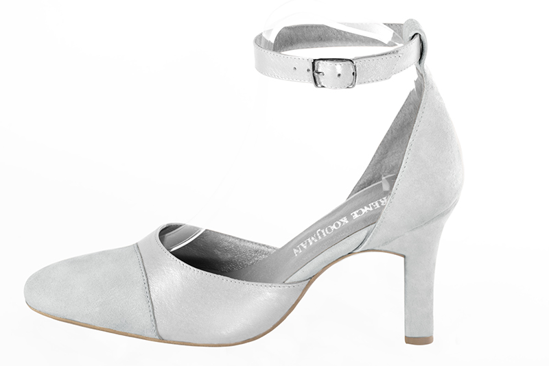 Pearl grey and light silver women's open side shoes, with a strap around the ankle. Round toe. High kitten heels. Profile view - Florence KOOIJMAN
